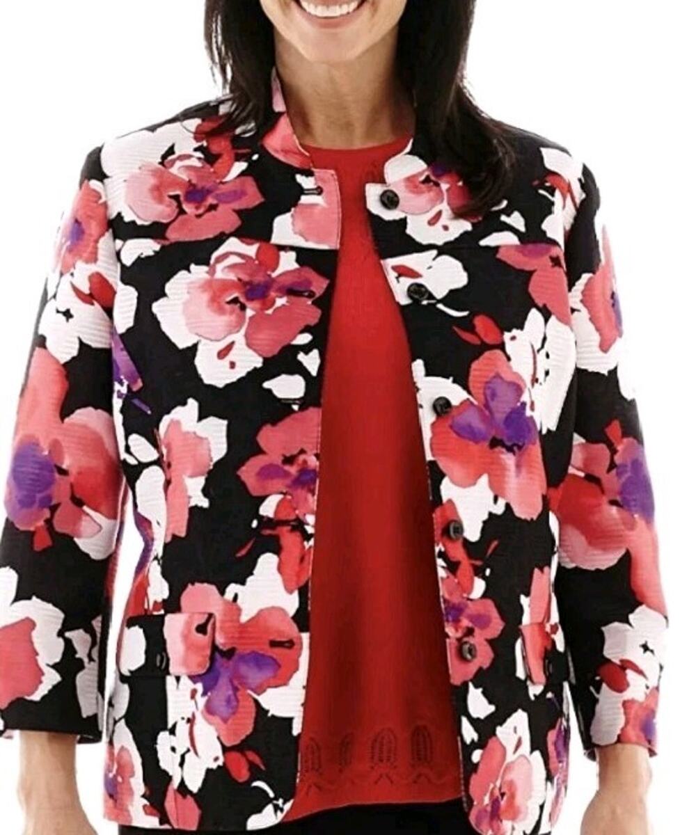 Alfred Dunner Women's Size 12 Large Floral Jacket Boho Artsy Bloomcore Shirt EUC